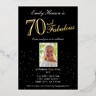 70 en Fabulous Zwart 70ste Verjaardag Goud Folie Uitnodiging