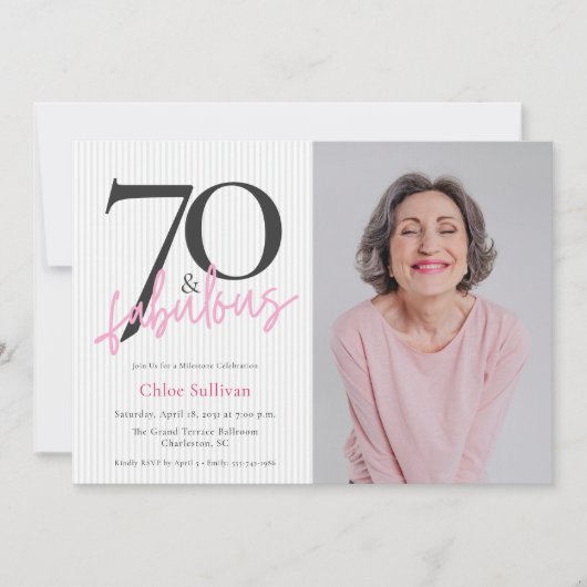 70 & Fabulous Photo Pink Script Birthday Party Kaart (Voorkant)