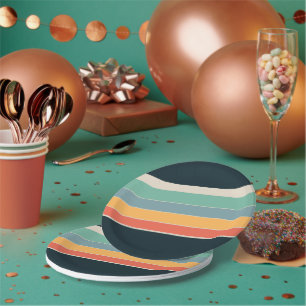 70 jaar marinesblauwe roze en gele strepen papieren bordje