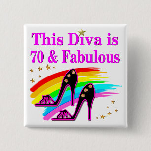 70 JAAR OUDE SCHOENENKONINGIN VIERKANTE BUTTON 5,1 CM