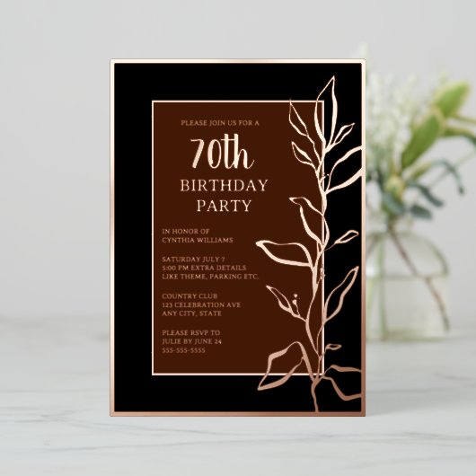 70e aangepaste verjaardagsfeest botanische elegant folie uitnodiging (Staand Voorkant)