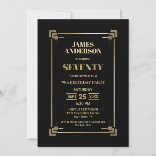 70e anniversaire Black and Gold Party Invitation (Devant)