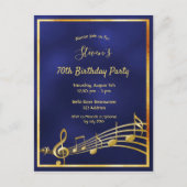 70e anniversaire bleu or musique notes invitation (Devant)
