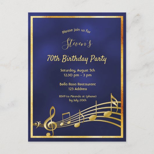 70e anniversaire bleu or musique notes invitation (Devant)