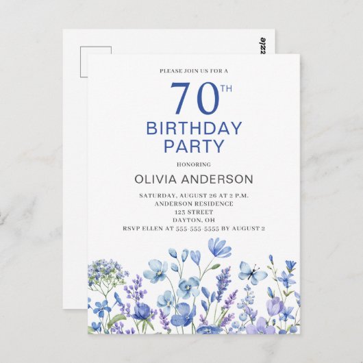 70e anniversaire Blue Floral Invitation (Devant / Derrière)