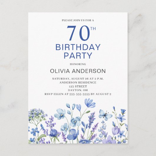 70e anniversaire Blue Floral Invitation (Devant)
