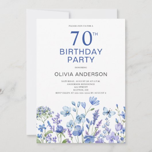70e anniversaire Blue Floral Invitation (Devant)