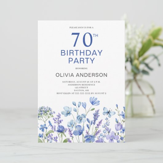 70e anniversaire Blue Floral Invitation (Debout devant)