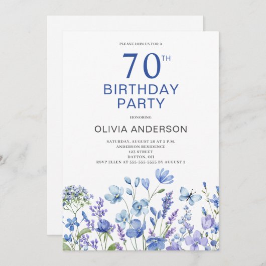 70e anniversaire Blue Floral Invitation (Devant / Derrière)