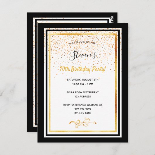 70e anniversaire fête noir blanc or invitation (Devant / Derrière)