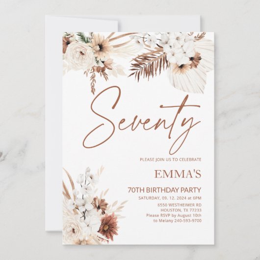 70e anniversaire Invitation Boho Pampas (Devant)