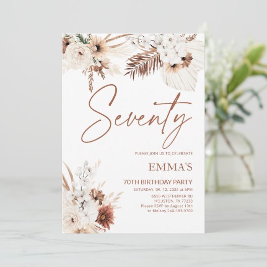 70e anniversaire Invitation Boho Pampas (Debout devant)