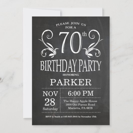 70e anniversaire Invitation Chalkboard Floral (Devant)