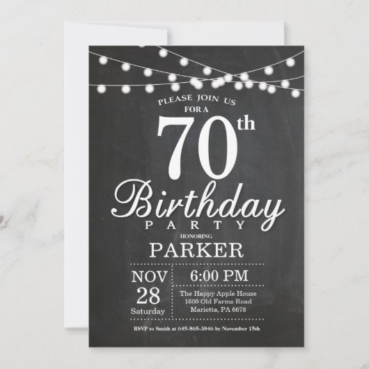 70e anniversaire Invitation Chalkboard lumières (Devant)