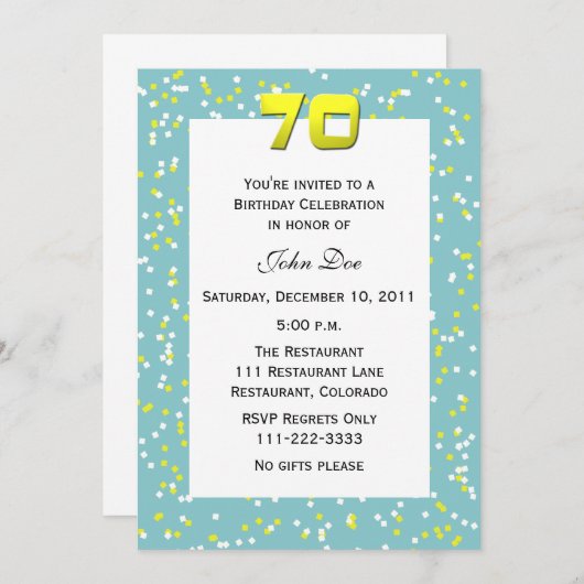 70e anniversaire Invitation Confetti (Devant / Derrière)