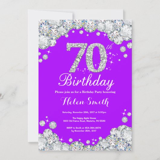 70e anniversaire Invitation Diamant mauve et argen (Devant)