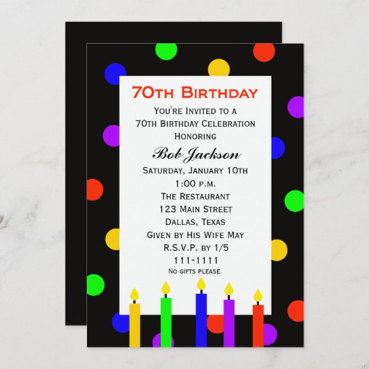 70e anniversaire Invitation fête bougies et points (Devant / Derrière)