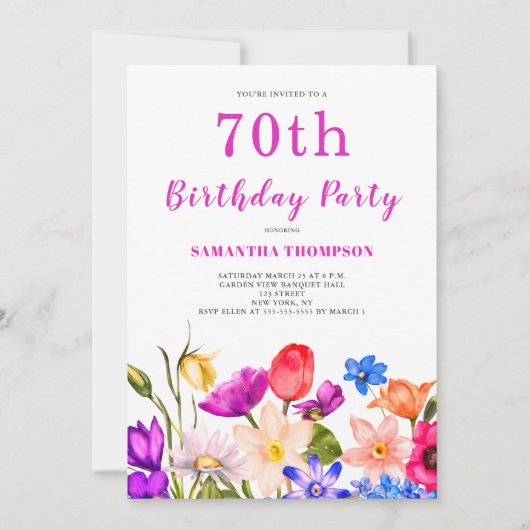 70e anniversaire Invitation florale rose (Devant)