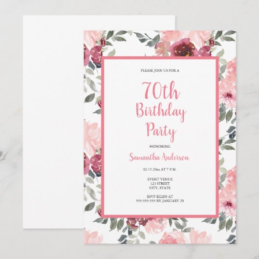 70e anniversaire Invitation florale rose (Devant / Derrière)