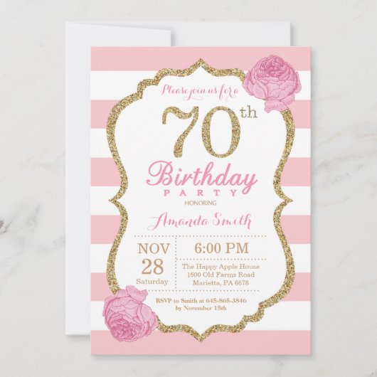 70e anniversaire Invitation Florale rose et or (Devant)