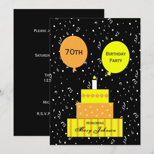 70e anniversaire Invitation Fun 70e gâteau (Devant / Derrière)