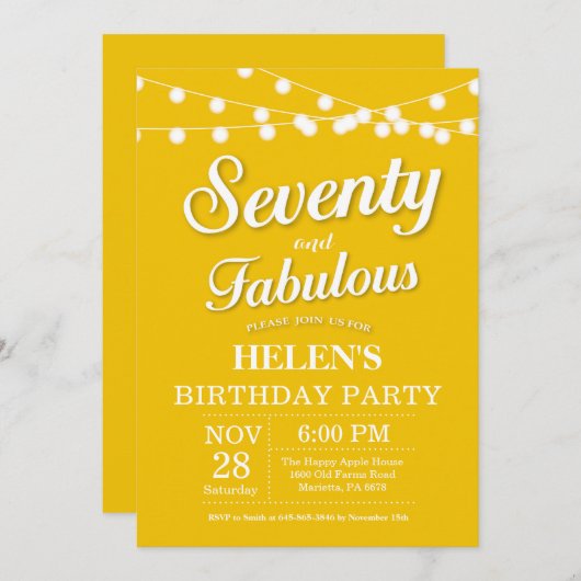 70e anniversaire Invitation Jaune Fabuleux (Devant / Derrière)