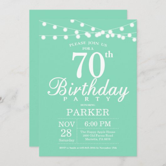 70e anniversaire Invitation Mint Green (Devant / Derrière)