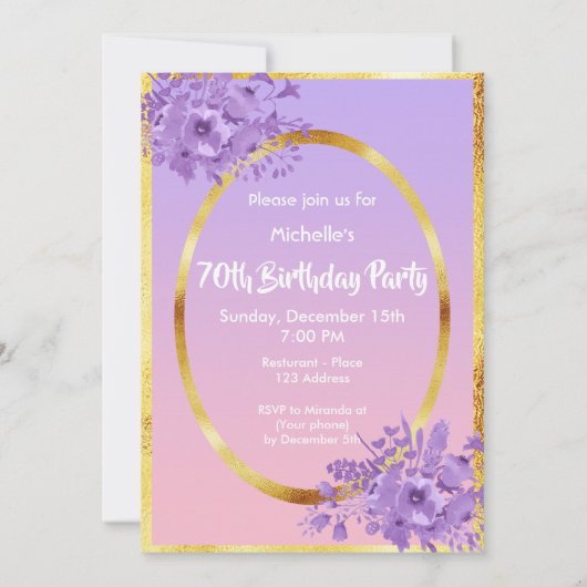 70e anniversaire invitation rose or violet (Dos)