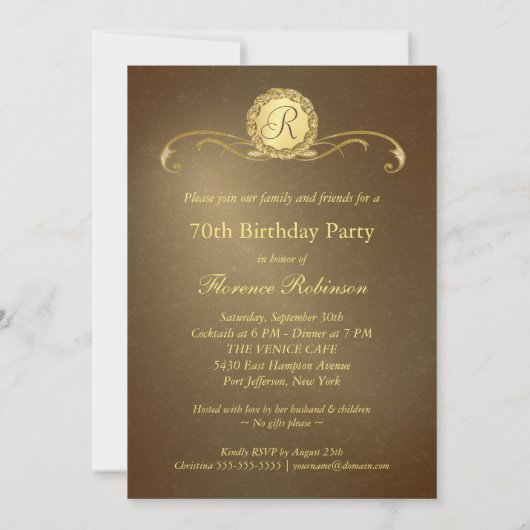 70e anniversaire Invitations - Monogramme d'or ant (Dos)