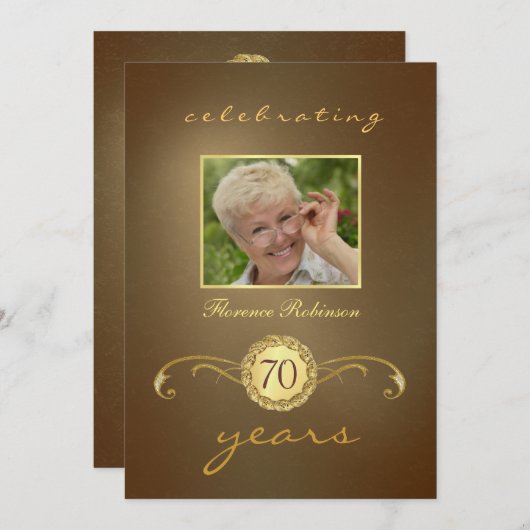 70e anniversaire Invitations - Monogramme d'or ant (Devant / Derrière)