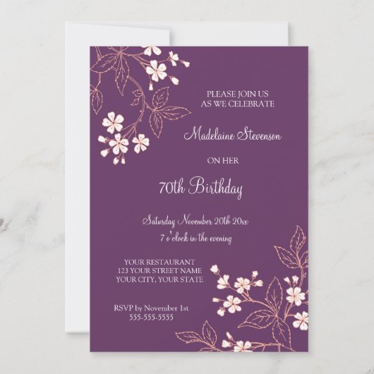 70e anniversaire Invitations Plum Coral Fleurs (Dos)