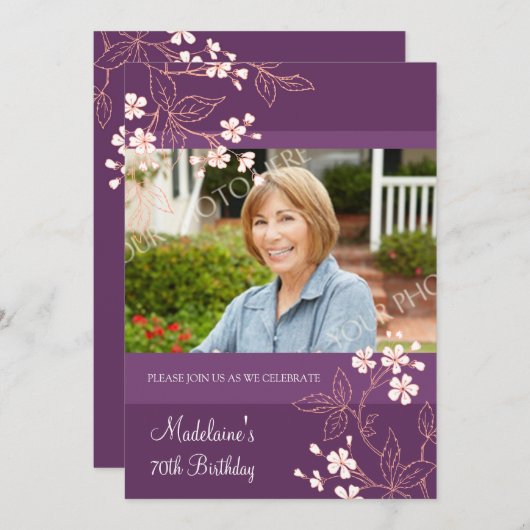 70e anniversaire Invitations Plum Coral Fleurs (Devant / Derrière)