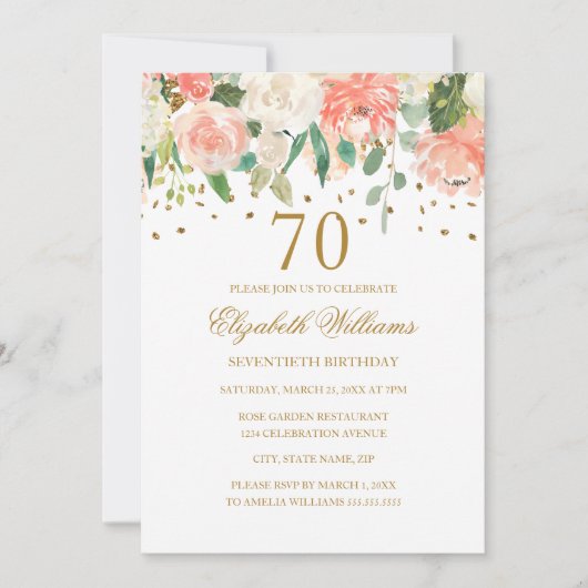 70e anniversaire Peach Gold Floral Invitation (Devant)