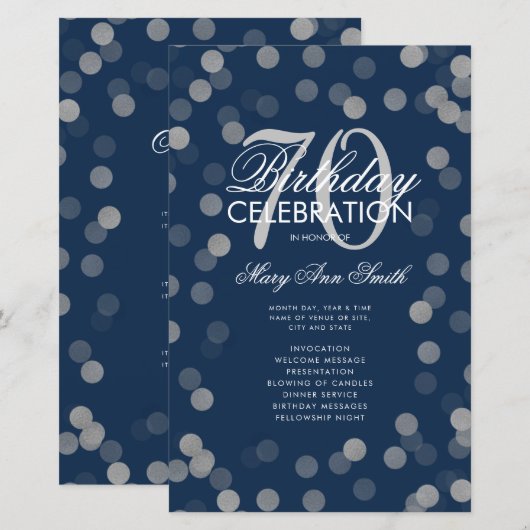 70e anniversaire Programme Argent Confetti Menu Ma (Devant / Derrière)