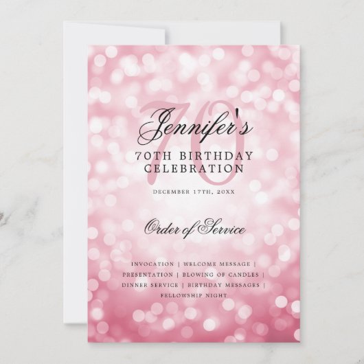 70e Anniversaire Programme Blush Pink Bokeh Menu (Devant)