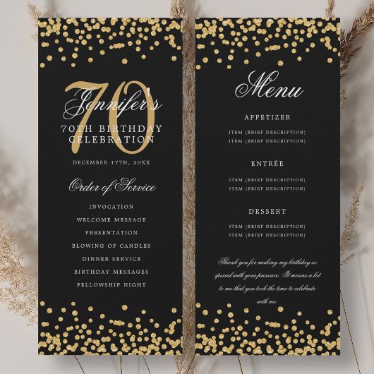 70e anniversaire Programme Menu Merci Gold Confett