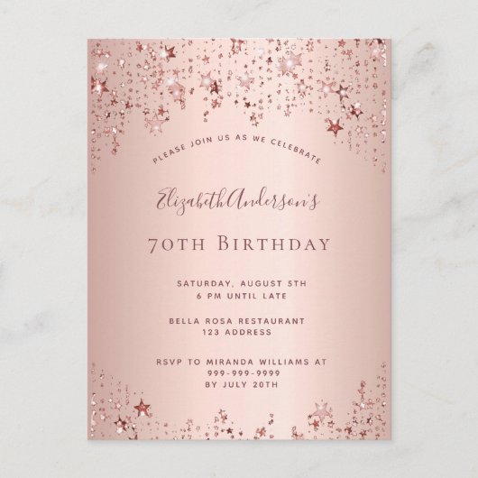 70e anniversaire rose or étoiles invitation (Devant)