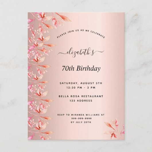 70e anniversaire rose or rose invitation florale (Devant)