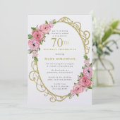 70e anniversaire Rose Rose Floral Gold Invitation (Debout devant)