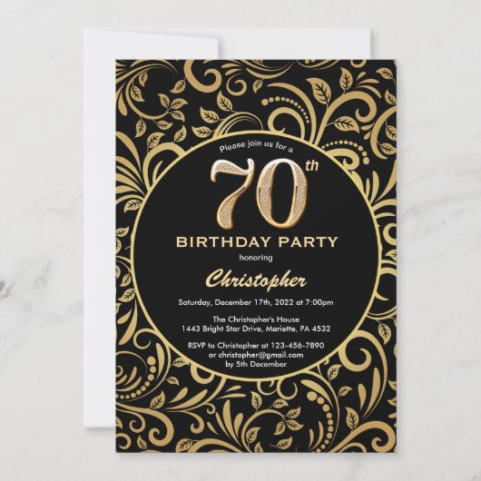 70e Birthday Black en Gold Floral Pattern Kaart (Voorkant)