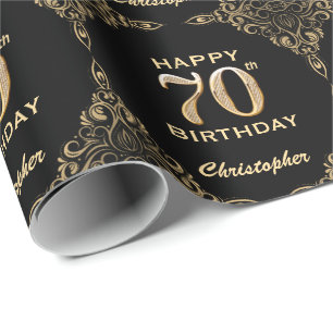 70e Birthday Black en Gold Glitter Lijst Cadeaupapier