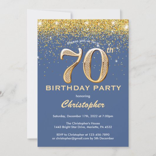 70e Birthday Blue en Gold Glitter Confetti Kaart (Voorkant)