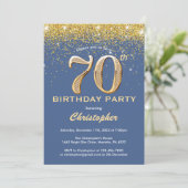 70e Birthday Blue en Gold Glitter Confetti Kaart (Staand voorkant)