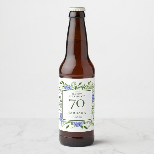 70e Birthday Blue Hydrangeas Bier Etiket (Voorkant)