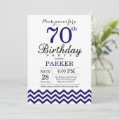 70e Birthday Invitation Navy Blue Chevron Kaart (Staand voorkant)