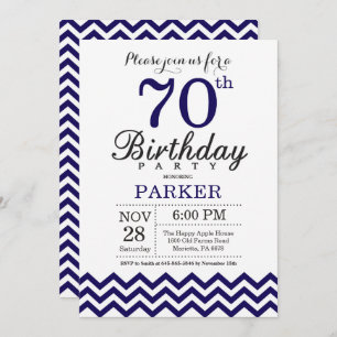 70e Birthday Invitation Navy Blue Chevron Kaart