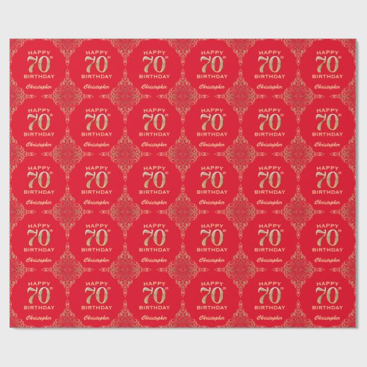 70e Birthday Red en Gold Glitter Lijst Cadeaupapier (Vlak)