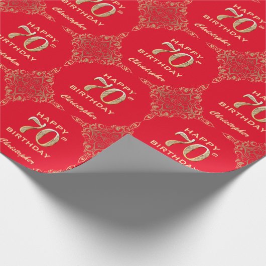 70e Birthday Red en Gold Glitter Lijst Cadeaupapier (Hoek)