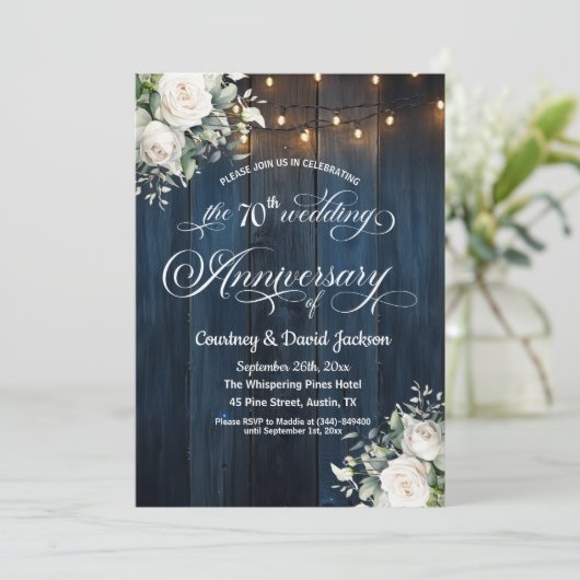 70e bruiloft Jubileum Rustiek Blauw String Lichten Kaart (Staand voorkant)