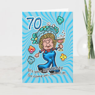 70e Carte Anniversaire - Dame Amusante Avec Verre 